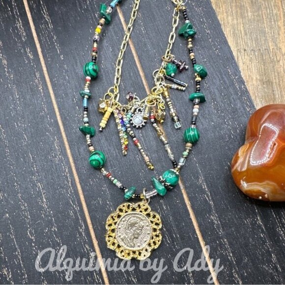 Malachite  layered brass gold silver necklace - Picture 1 of 2